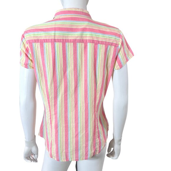 IZOD Button-Down Shirt Womens Pink Multicolor Striped Cotton Short Sleeve - Picture 2 of 6